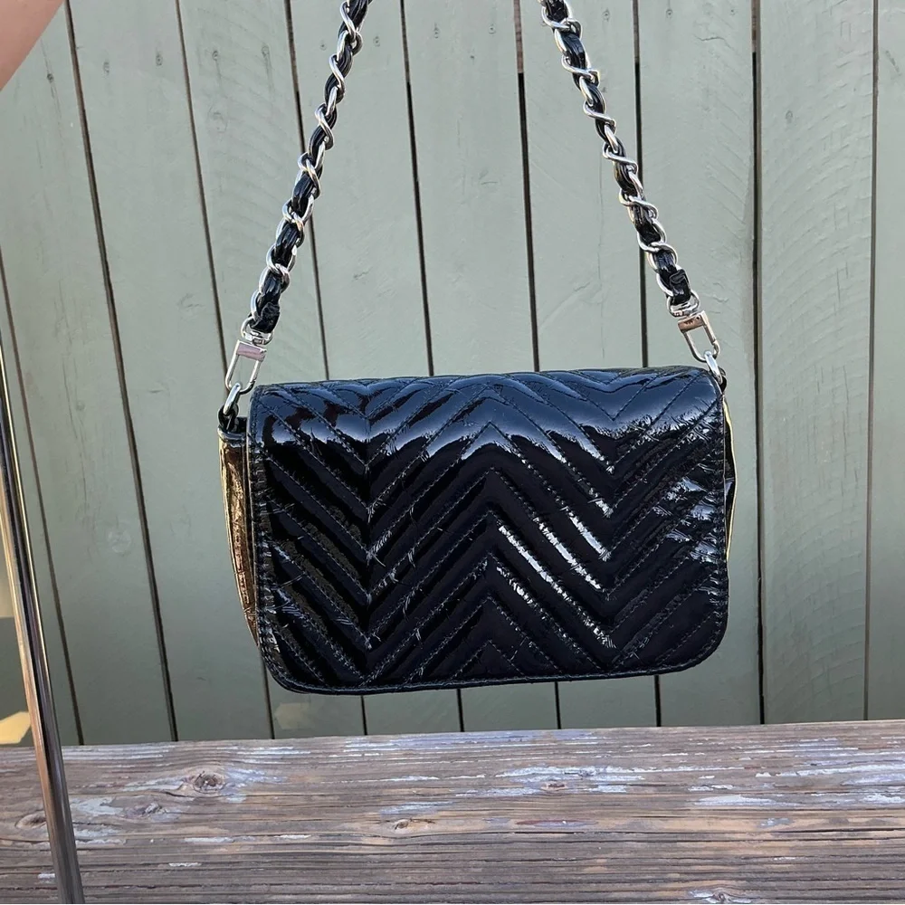 Big Buddha Black Chevron Patent Leather Crossbody/Shoulder Black Bag Chain Strap